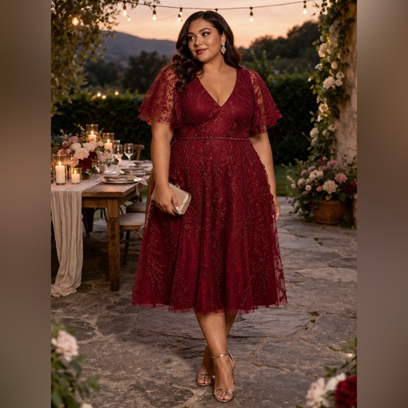 Mac Duggal Dresses & Skirts - Mac Duggal Fabulouss Plus 20W Burgundy Lace Embroidered Butterfly Sleeve Dress